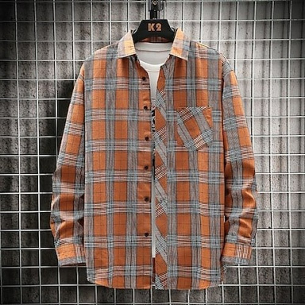 Men's Orange/White/Black Button Down- Med
